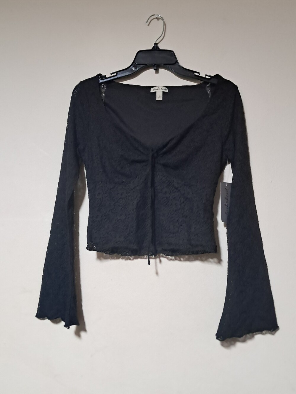 Derek Heart Y2K Black Lace Bell Long-Sleeve Cropped Top with Front Tie Sz. M